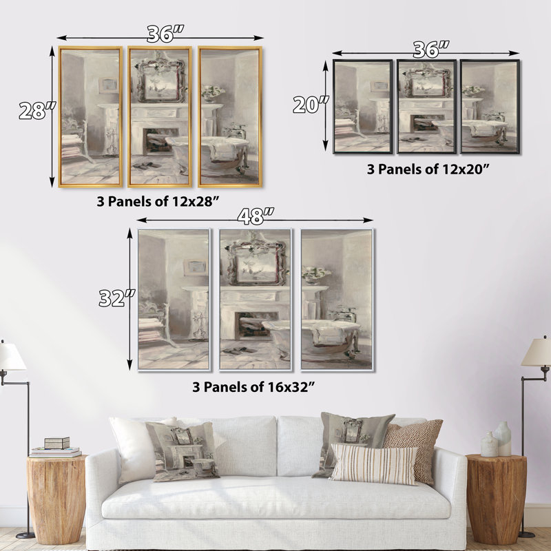 «French Bathroom Vintage I», ensemble d'art mural sur toile encadré traditionnel, 20" H x 36" W x 1" D, Cadre doré