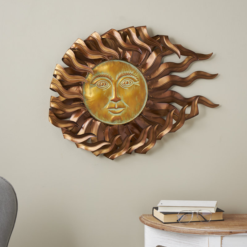 Metal Sun Copper Wall Decor with Gold Sun Face and Folded Wavy Rays