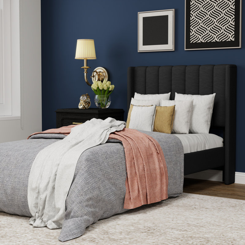 Upholstered Wingback Platform Bed, Twin, Black