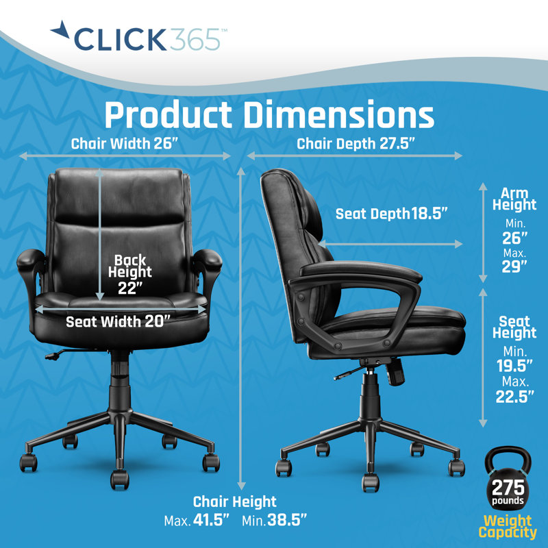 Click365 Transform 2.0 Ergonomic Mid Back Desk Chair, with Padded armrests, Adjustable-Height, Black, Polyurethane