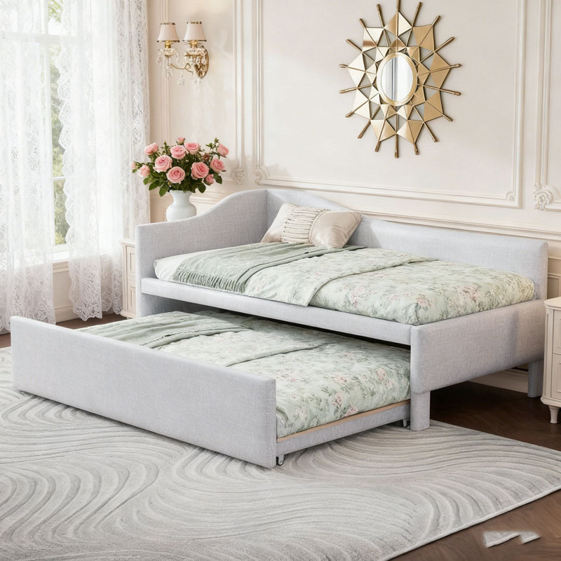 Upholstered L-Shaped Upholstered Daybed with Pop Up Trundle, Beige