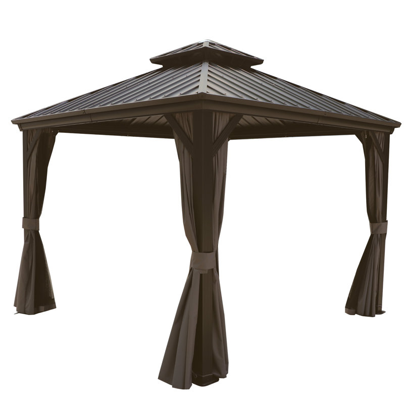 Caesar 12x14 Dark Brown Aluminum Permanent Gazebo with Netting and Curtains