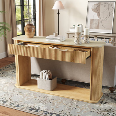 Console cannelée avec plateau en faux travertin, table de canapé d'entrée de 63 po avec garniture or rose, 2 tiroirs et tablette ouverte, table d'appoint de couloir moderne pour le salon