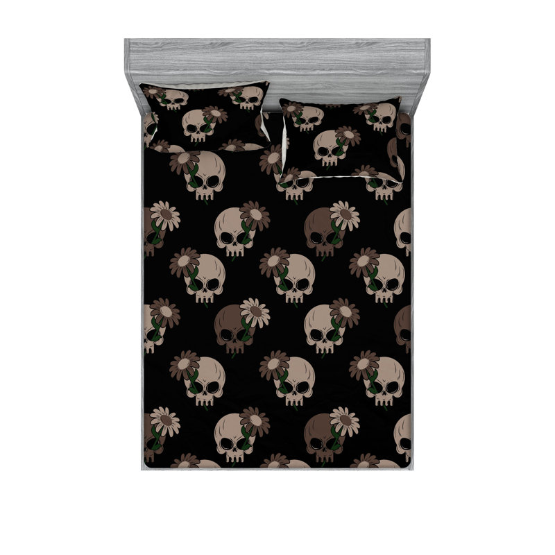 Ambesonne Fitted Sheet & Sham Skulls Charcoal Grey Eggshell, Full Sheet Set with 2 Pillowcases