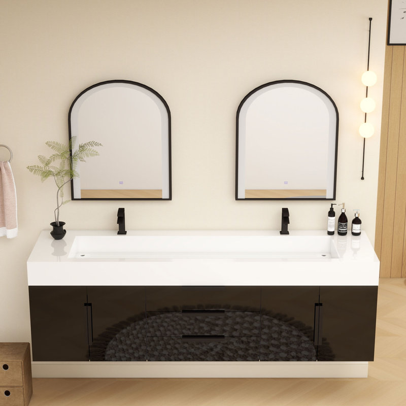 Finition du meuble-lavabo mural simple 72 po Jessica: chêne blanc, Noir brillant