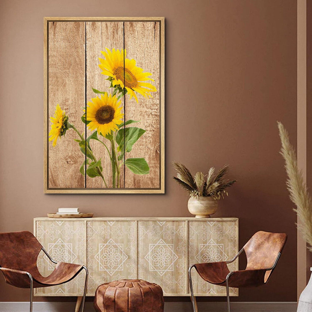 Sunflower " Tall Sunflowers Against Wooden Effect Background " IDEA4WALL Overall 