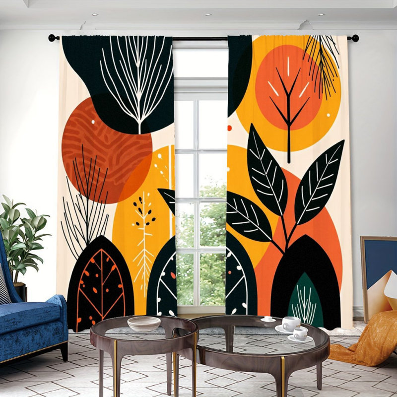 2 pièces rideaux à motifs botaniques abstraits, poche à barreaux bloquant le soleil, design minimaliste bohème, décoration de fenêtre d'étude de chambre à coucher toutes saisons