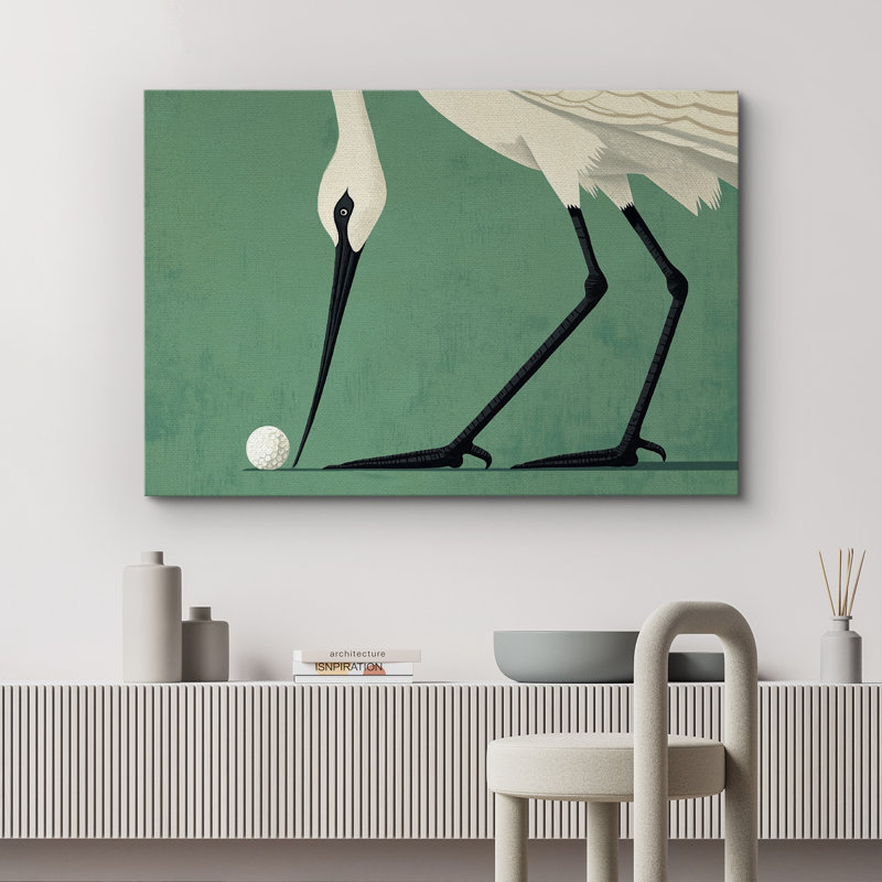 «Crane with Golf ball», impression sur toile - décor de sport animalier excentrique, H 24 po x l 36 po, Toile tendue