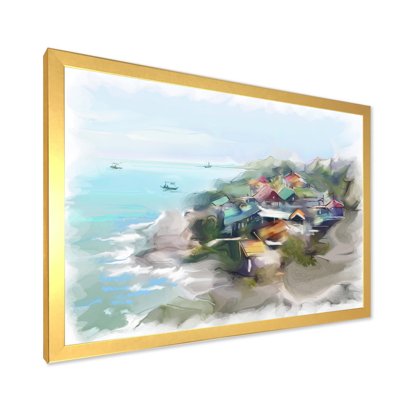 Maison de rêve par le paysage marin - peinture sur toile, H 30 po x l 40 po, Toile à cadre d'angle fermé doré