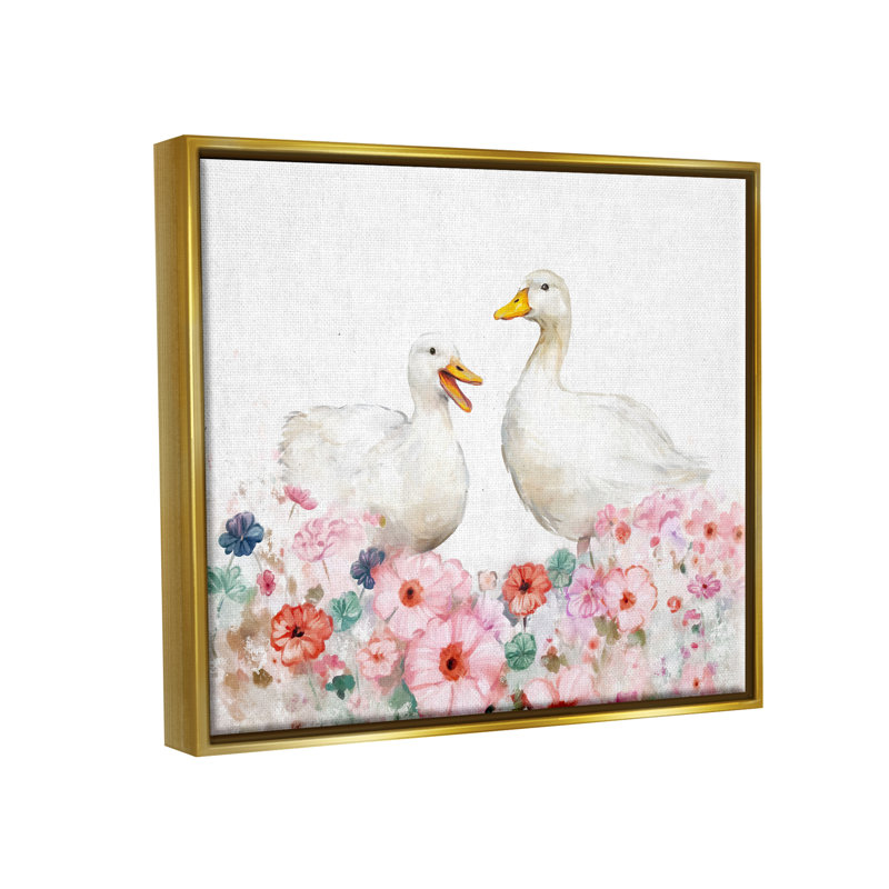 Ba-495-Canards flottants et fleurs pastel, impression sur toile par Ziwei Li, Cadre flottant métallique doré