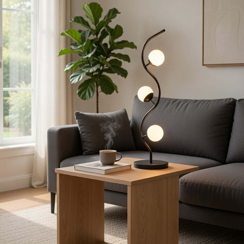 Lampe de table 3 lumières, base ondulée en métal noir, verre blanc givré, 32 pouces