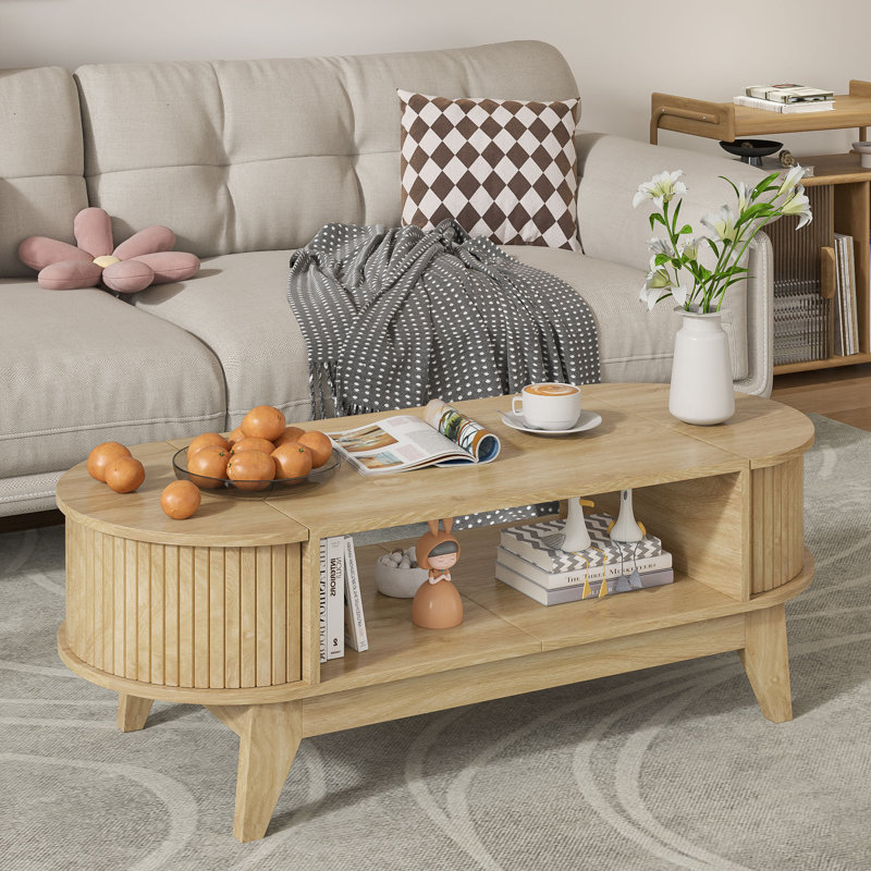 Mid-Century Modern Oval Wood Coffee Table with Storage
