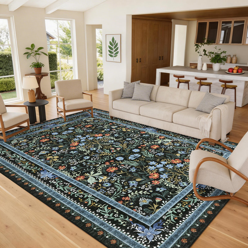 Tapis floral délavé et lavable rétro, Noir, 5*7