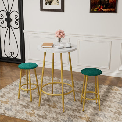 3-Piece Round Bar Table Set with 2 Stools – Compact Breakfast Nook for Small Spaces, Crisp White MDF Top and Matte Gold Metal Frame, Green Velvet Cushions, 36-Inch Counter Height
