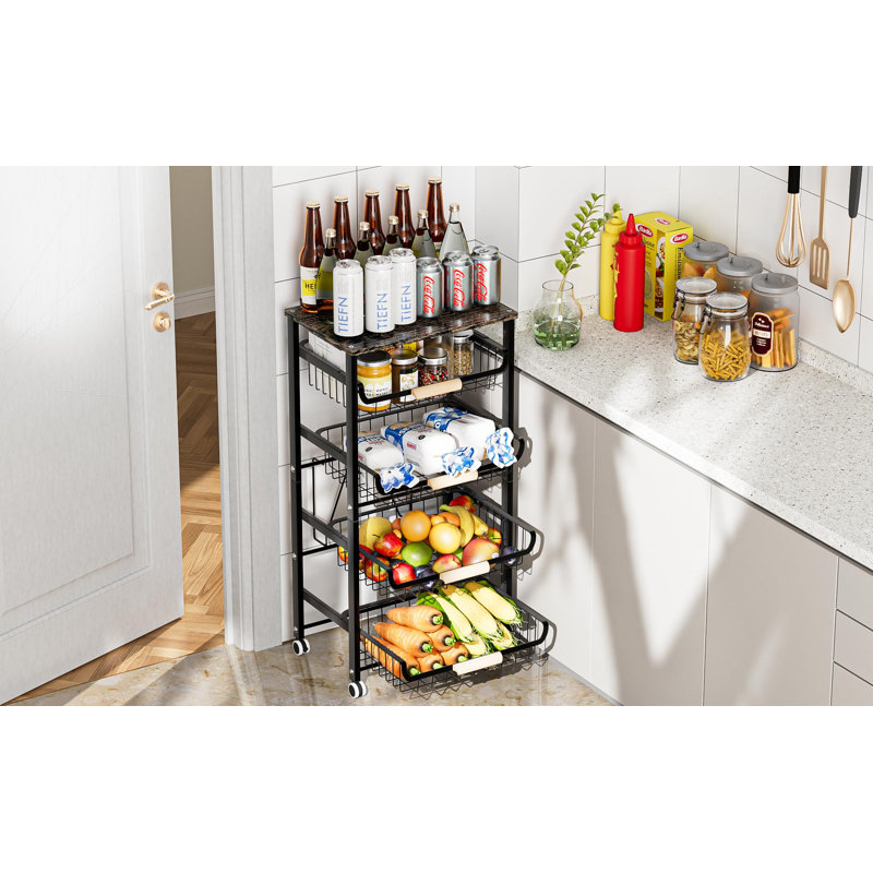 Fruit Basket for Kitchen, 4-5Tier Slide Out Metal Storage Baskets Carts Organizers Drawers with Wood Top and Handle with Rolling Wheels for Snacks Vegetables