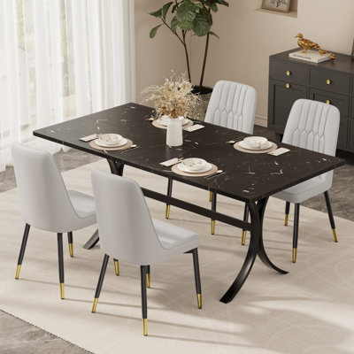 Ensemble de table de salle à manger rectangulaire moderne pour 4 à 6 personnes, table de cuisine en marbre et chaise rembourrée en similicuir pour la salle à manger