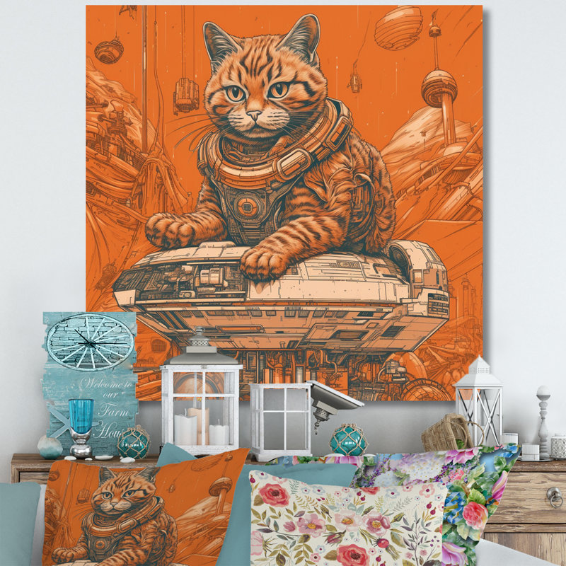 Illustration de l'espace astronout rétro chat I - impression, H 36 po x l 36 po x P 1,5 po, Toile tendue