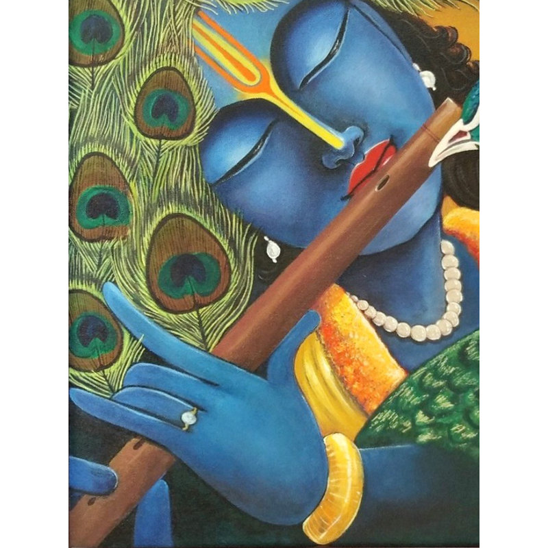 Lord Krishna jouant de la flûte | Acrylique sur toile | Par Alka Sengar | Avec cadre