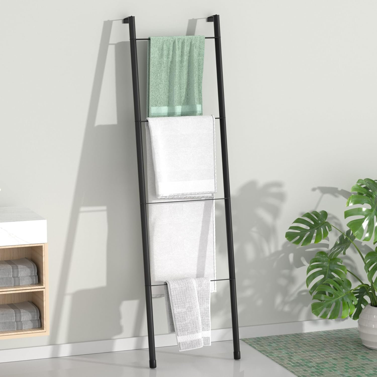 Porte-Serviettes Sur Pied En Métal Gris - 4 Barres Échelle - Inclinable - Pour Salle De Bain, Salon, Chambre - 49,69x166,14 Cm
