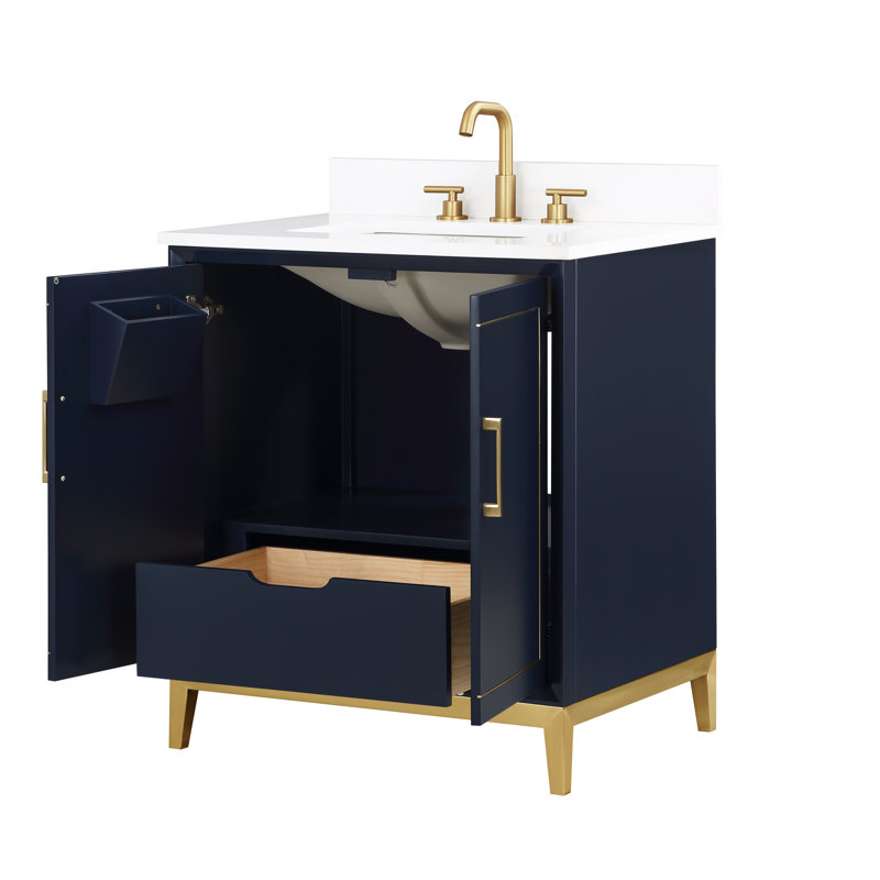 Gracie 30'' W Single Vanity, Pacific Blue, Satin Brass, White Quartz