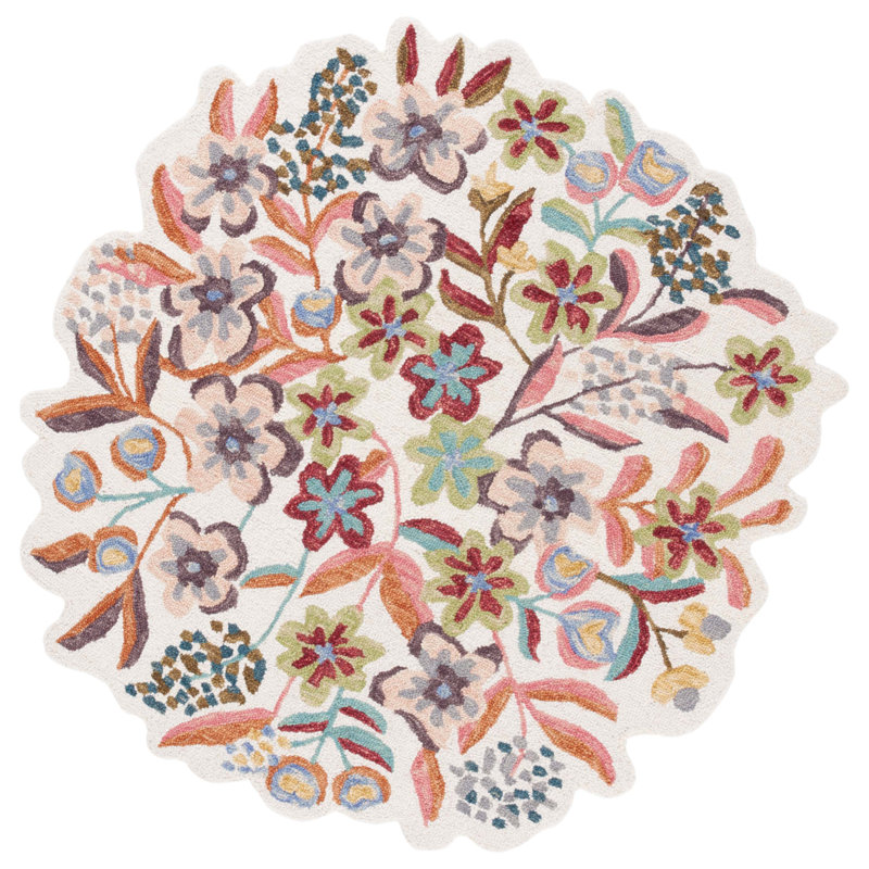 Tapis floral ivoire / rose en laine / coton touffeté à la main Bradburn 361, Rond 3 pi