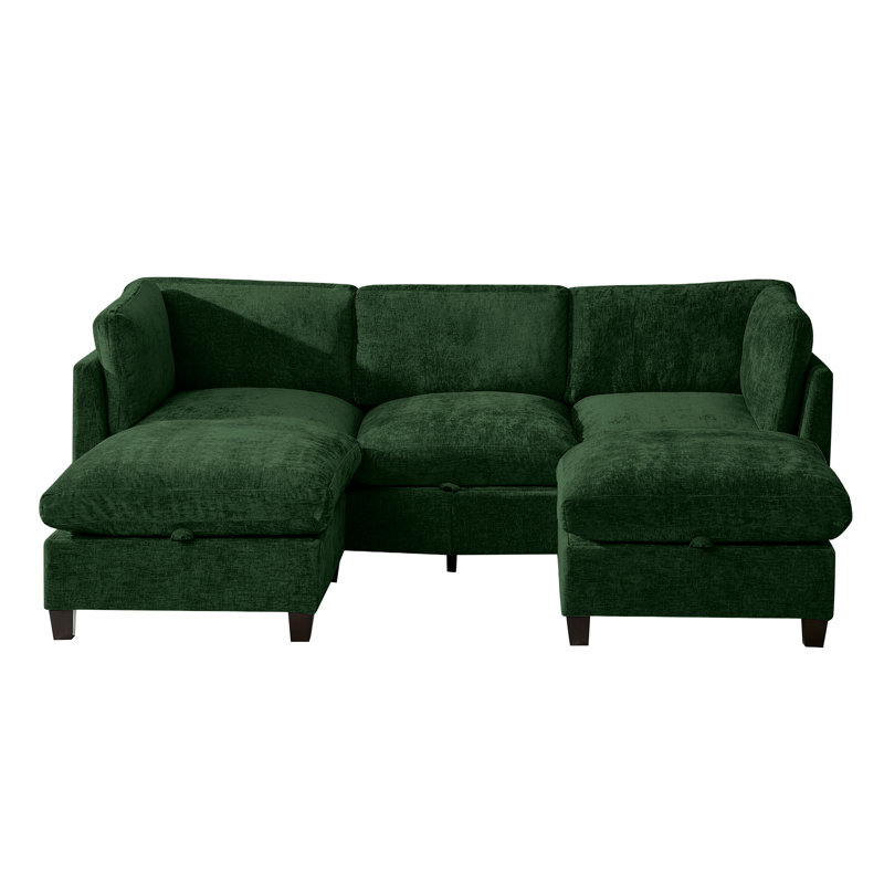 Canapé modulaire 96,5 po pour le salon, canapé rembourré en tissu de chenille doux avec rangement, canapé 3 places avec deux repose-pieds vert U