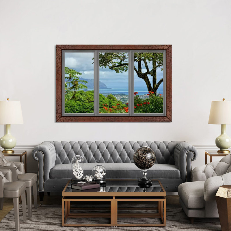 Hawaii Window View - Floater Frame Print on Canvas, Brown Framed
