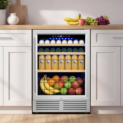 24" 220-Can Built-In/Freestanding Beverage Refrigerator for Beer & Soda Cooler with Glass Door,Blue LED and Reversible Door Drinks Fridge