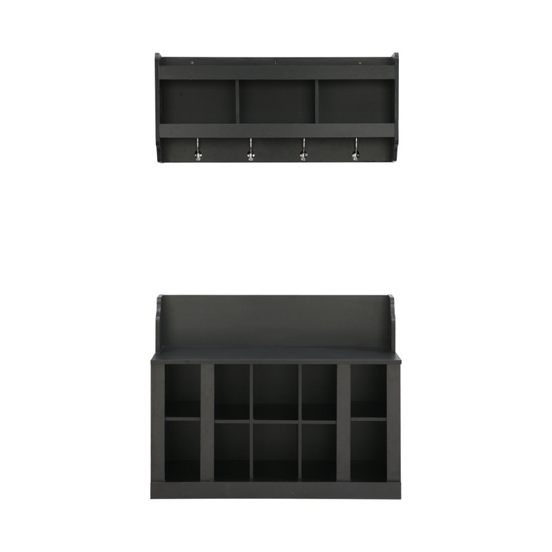 Shoe Storage Bench With Shelves And 4 Hooks, Elegant Hall Tree With Wall Mounted Coat Rack, Entryway Organizer For Hallway, Foyer, Mudroom