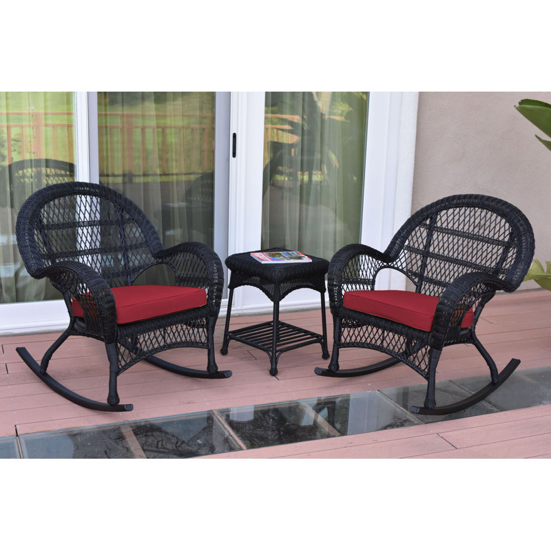 Ensemble de conversation en rotin 3 pièces avec coussins Mangum, Noir, Rouge