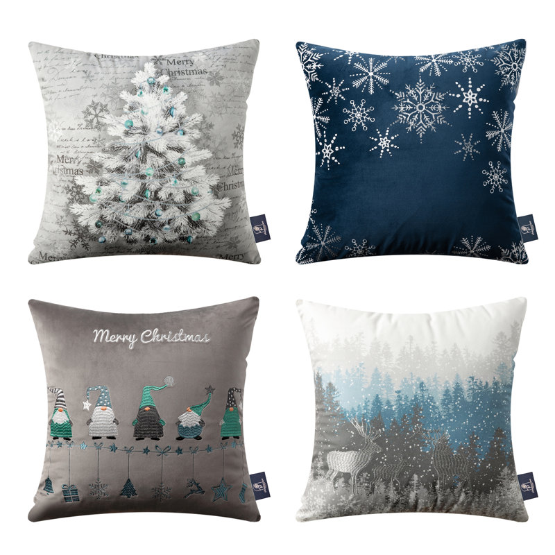 Merry Christmas Embroidered Velvet Throw Pillow Covers, Set of 4