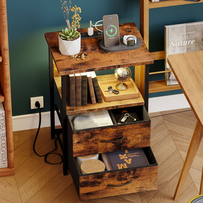  24" H Nightstand with Charging Station and LED Lights, 3-Drawer End Table with USB Ports, Brown/Black