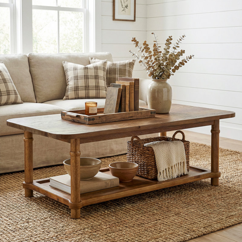 Table basse de 47 po en bois massif, centre de ferme moderne avec rangement à 2 niveaux, Noyer