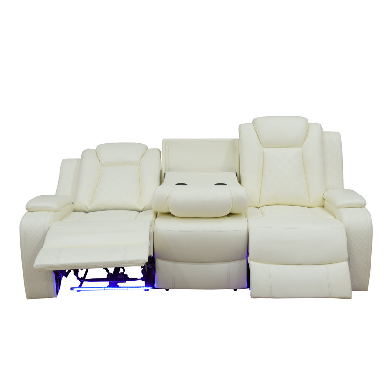 83" Breathable Leather Power Reclining Sofa with Wireless Chargers and Blue LED Light, Cream