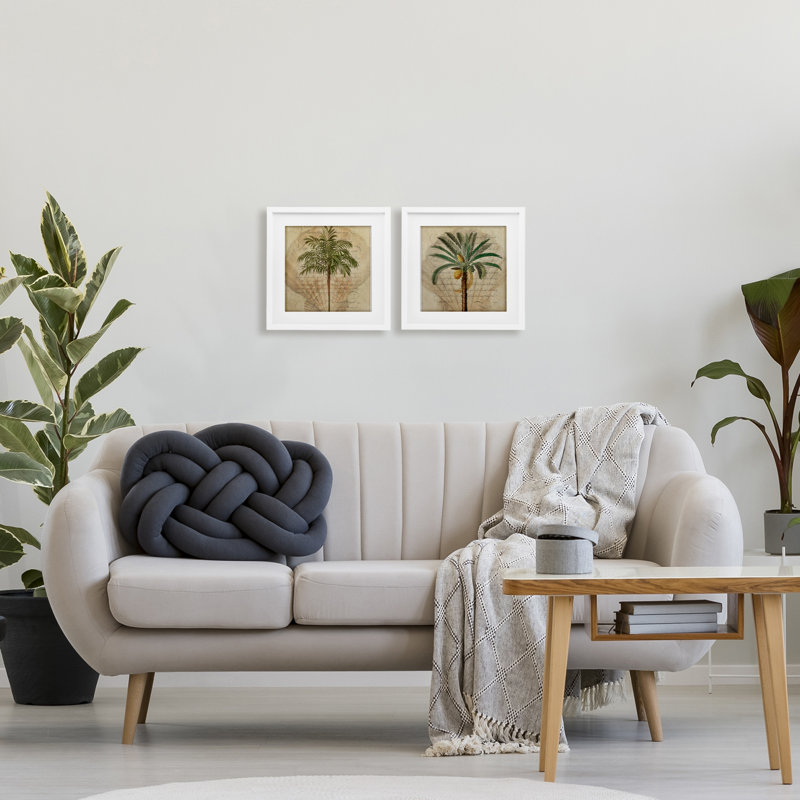 Ensemble de 2 sous-verres à motif de palmiers tropicaux Subdued, par Steve Hunziker, H 13 po x l 13 po, Cadre blanc côtier