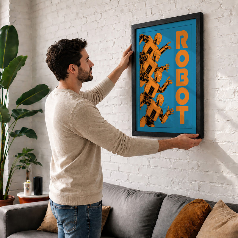 Geometric Robot Retro - Framed Print, A2 - 59.4 x 42.0 cm, Black