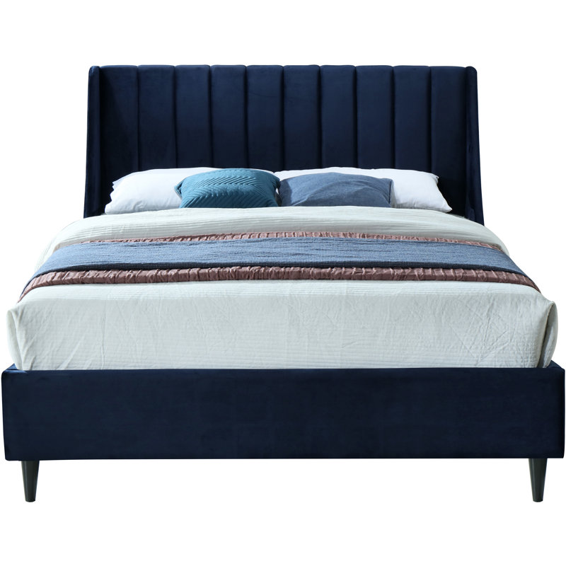 Eva Upholstered Low Profile Platform Bed, Queen, Navy Velvet