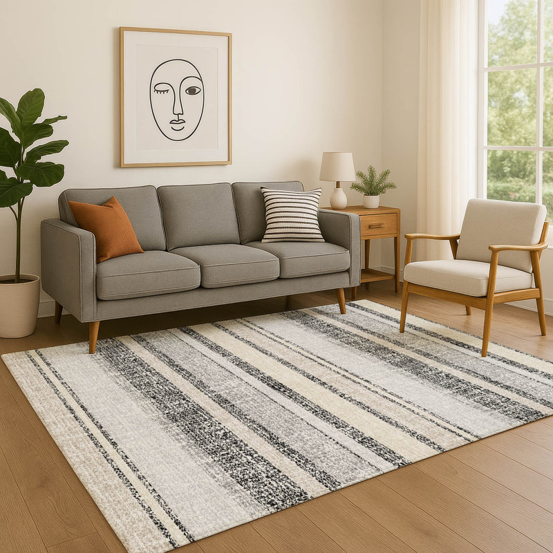 Premium Machine Washable Mayfield AMF2122 Striped Rug, 5' x 7'6", Black