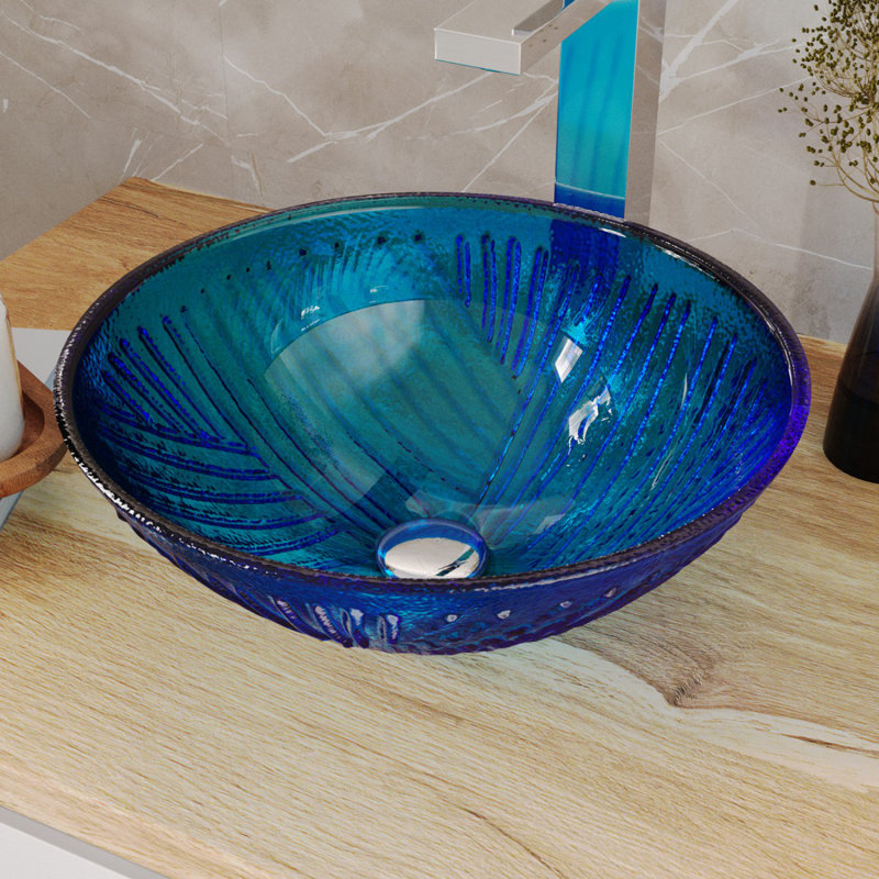 Blue Tempered Glass Vessel Round Bathroom Sink with Pop-Up Drain