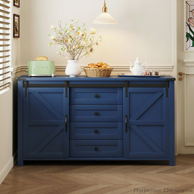 U-Style 55.1-Inch Sideboard with Storage,Farmhouse Storage Cabinet with Sliding Barn Doors and 4 Drawers, Wood Buffet Table with Power Outlet