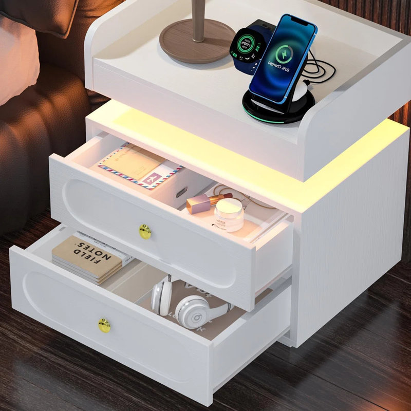 Ensemble de chambre à coucher 3 pièces avec lit en cuir à éclairage DEL intelligent et 2 tables de chevet modernes, Rose