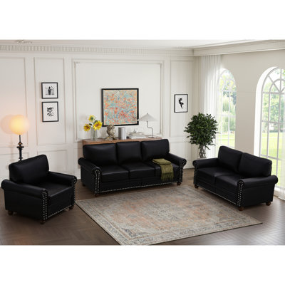 Living Room 1+2+3 With Black Faux Leather, Rubber Wood Legs, Comfortable High - Density Foam Cushions, Silver Nails Decoration And Removable Storage , Leather Couch, Eucalyptus Metal Frame, Elastic