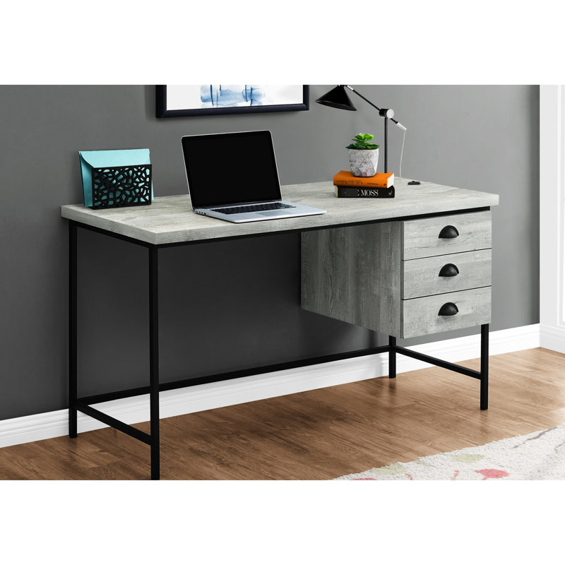 Bureau d'ordinateur de 55 po pour bureau à domicile, finition en stratifié gris, rangement à 3 tiroirs, métal noir, écriture moderne et spacieuse avec style, stratifié, élégant