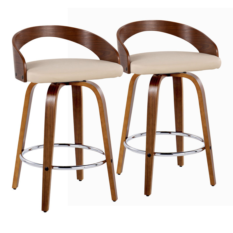 2 Piece Minda Swivel Stool, Counter Stool (23.75" Seat Height), Cream Faux Leather, Walnut/Chrome