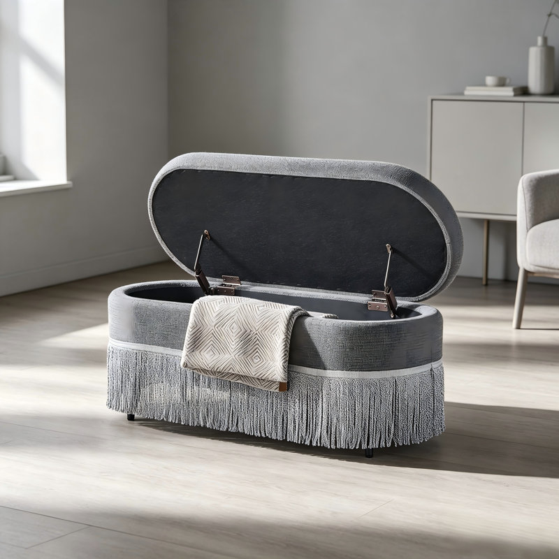 Banc de rangement ovale rembourrÃ© Ã  franges, Gray