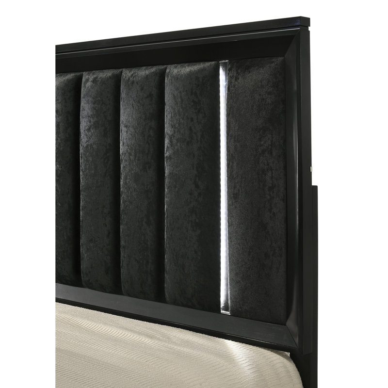 Meuble-lit tapissier à panneau très grand 1pc avec lumières DEL et tête de lit à finition noire en bois massif, King