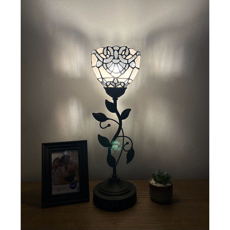 Simonetti Tiffany Torch Table Lamp Stained Glass Baroque Style USB Ports LED Bulb 6"W*6"D*20"H, White