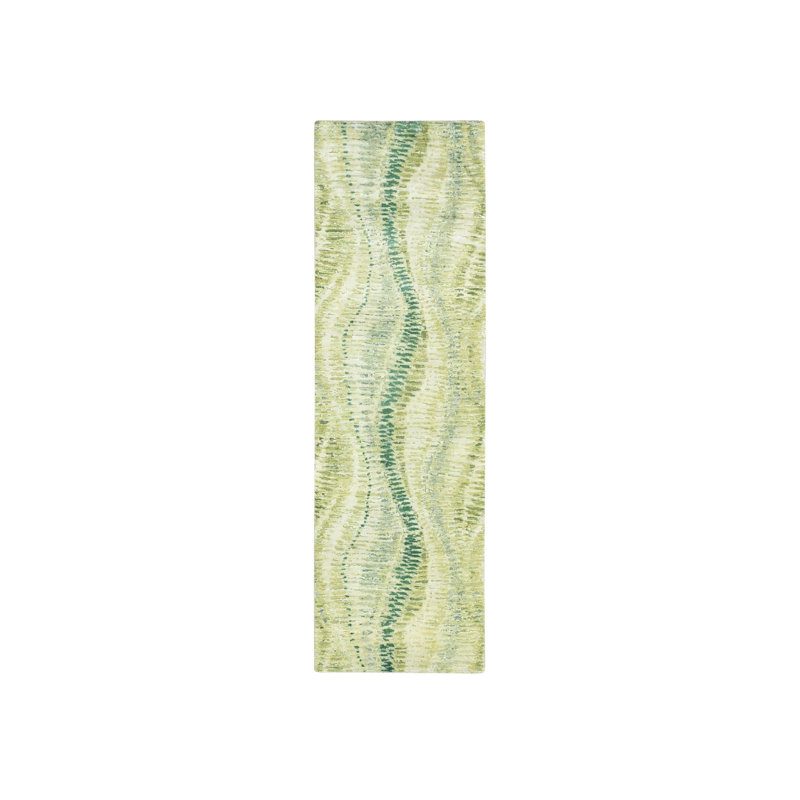 Tapis de couloir oriental vert en soie noué à la main 2 pi 6 po x 8 pi 2 po, Tapis de couloir 2 pi 6 po x 8 pi 2 po