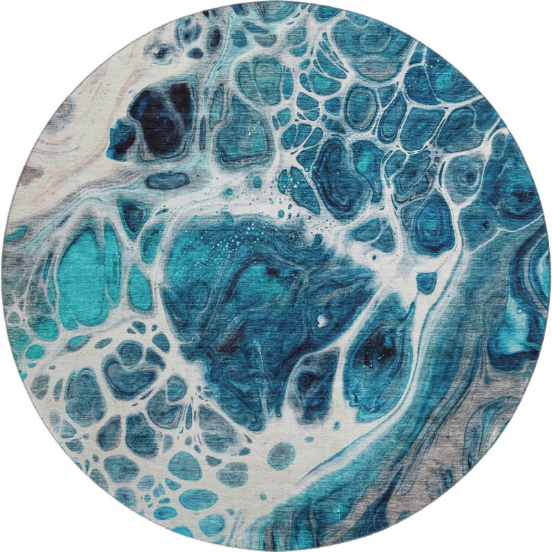 Premium Machine Washable Prisco Teal Rug, Round 8'