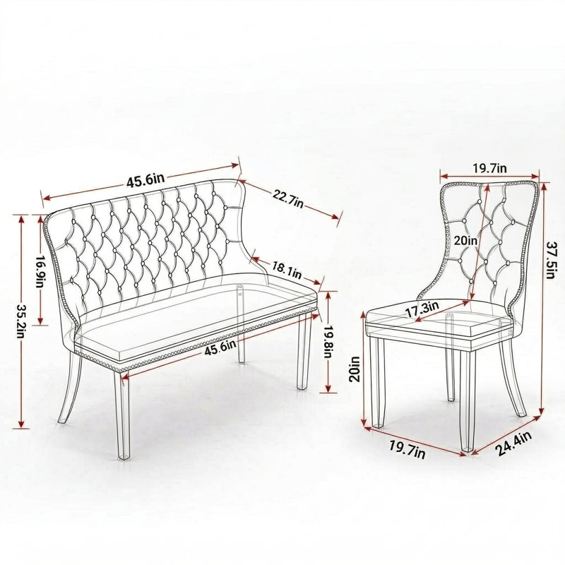 Ensemble de coin repas 3 pièces avec banc capitonné et chaises de salle à manger rembourrées, Argent, Gris, Argent